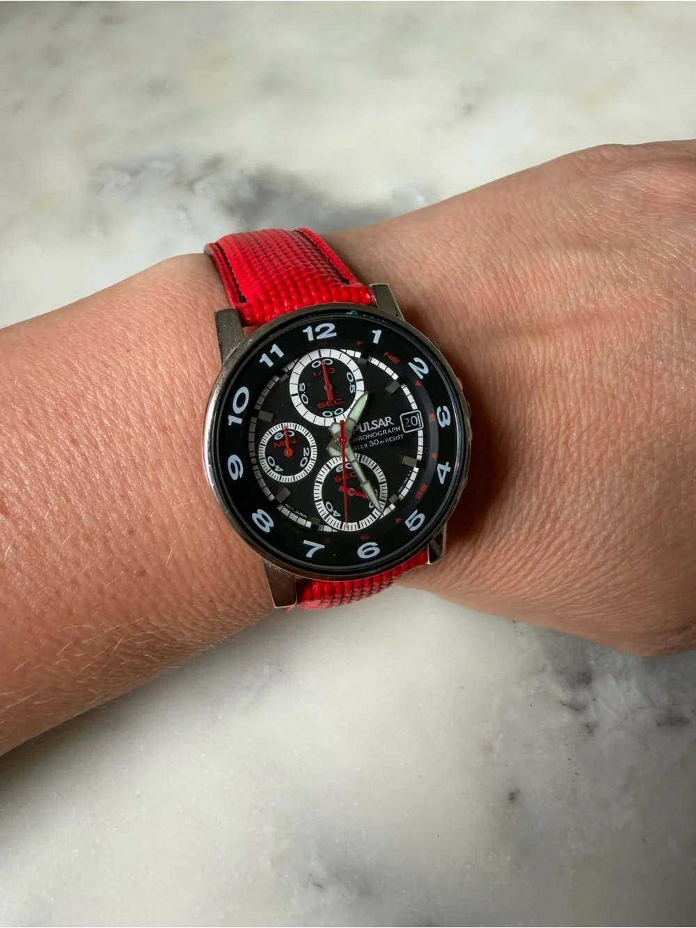 Pulsar Red Strap Men's Chronograph with Black Dial
